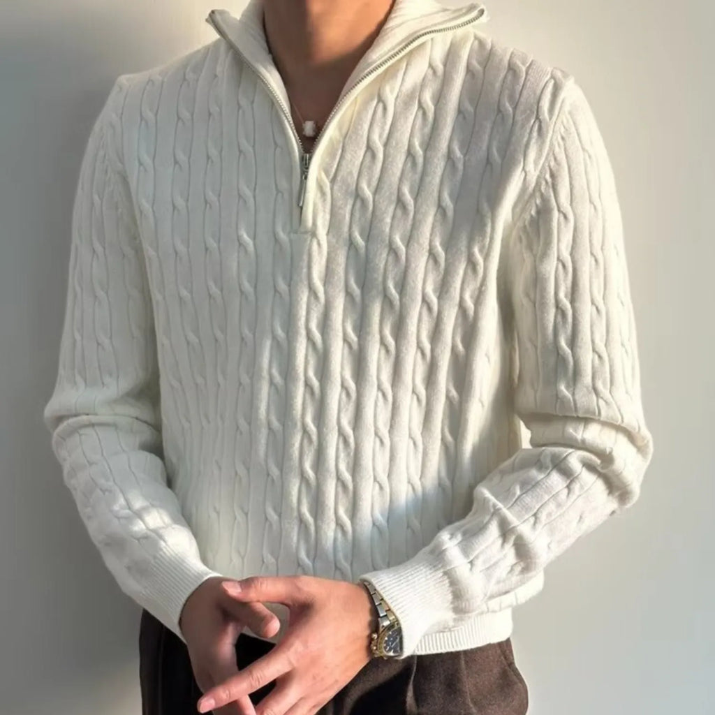 Men's Retro Pullover Sweater white, showcasing its loose fit, knit texture, and comfortable style.