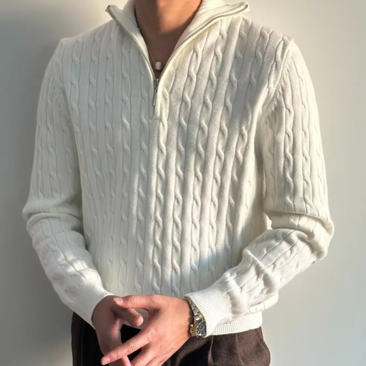 Men's Retro Pullover Sweater white, showcasing its loose fit, knit texture, and comfortable style.