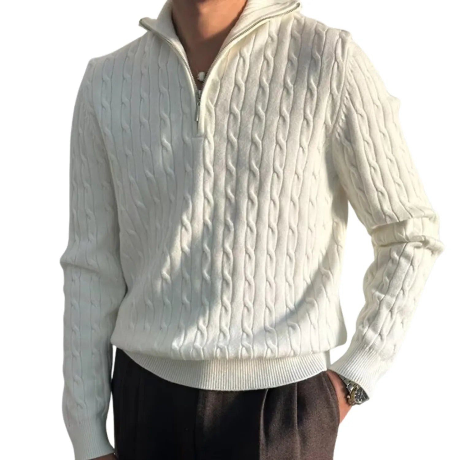Model wearing Baltere's Men's Retro Pullover Sweater white, showcasing its loose fit, knit texture, and comfortable style.