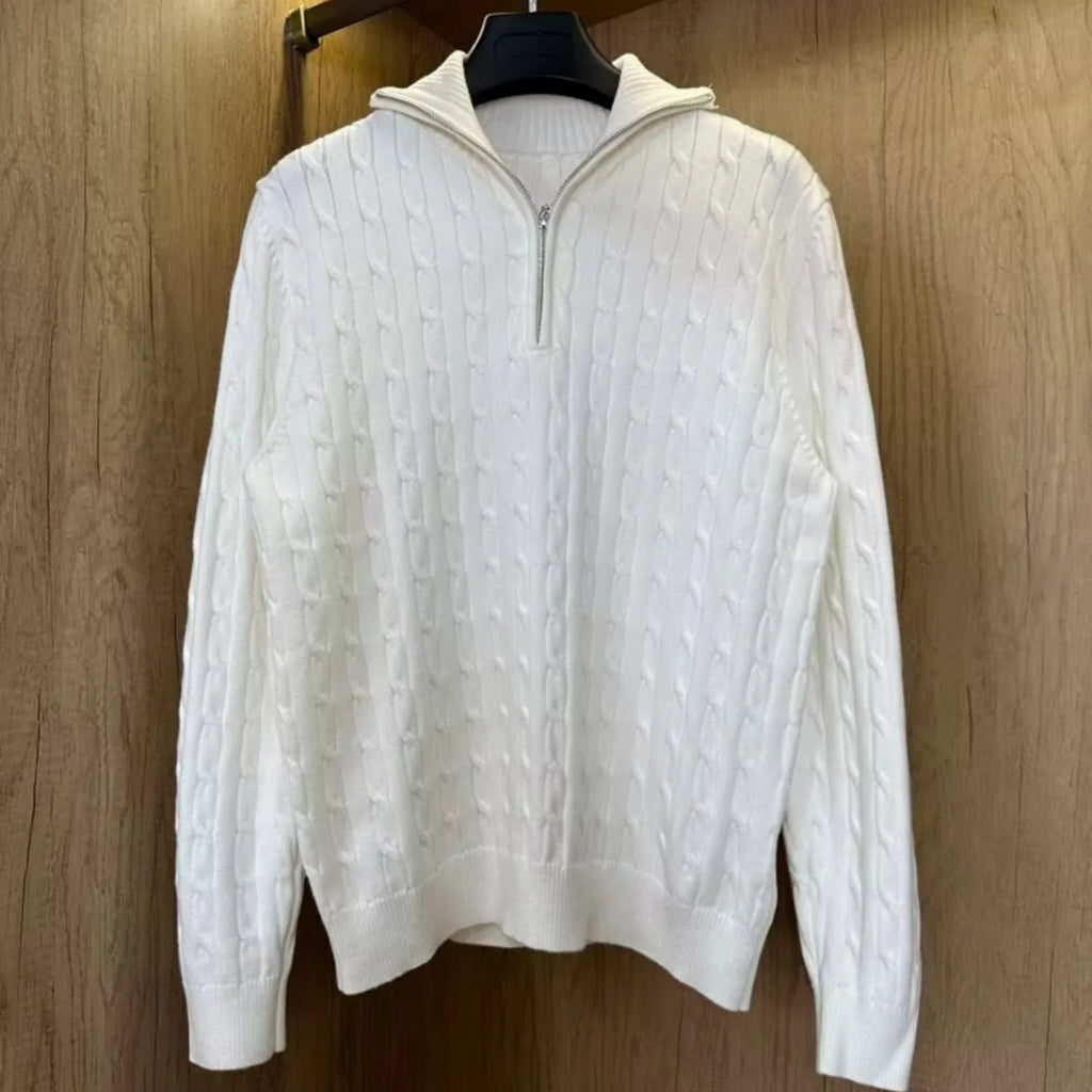 Men's Retro Pullover Sweater, showcasing its loose fit, knit texture, and comfortable style in white.