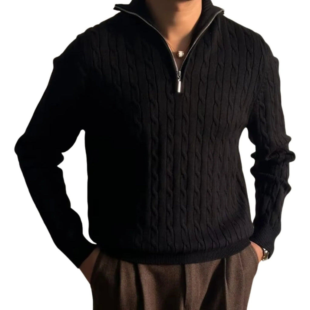 Model wearing Baltere's Men's Retro Pullover Sweater,  knit texture, and comfortable style in black.