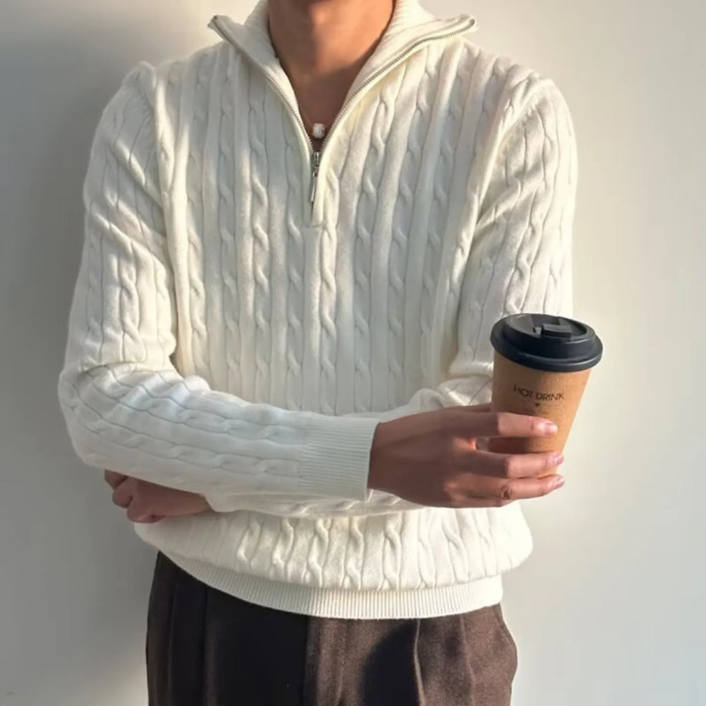 Model wearing Baltere's Men's Retro Pullover Sweater, showcasing its loose fit, knit texture, and comfortable style.