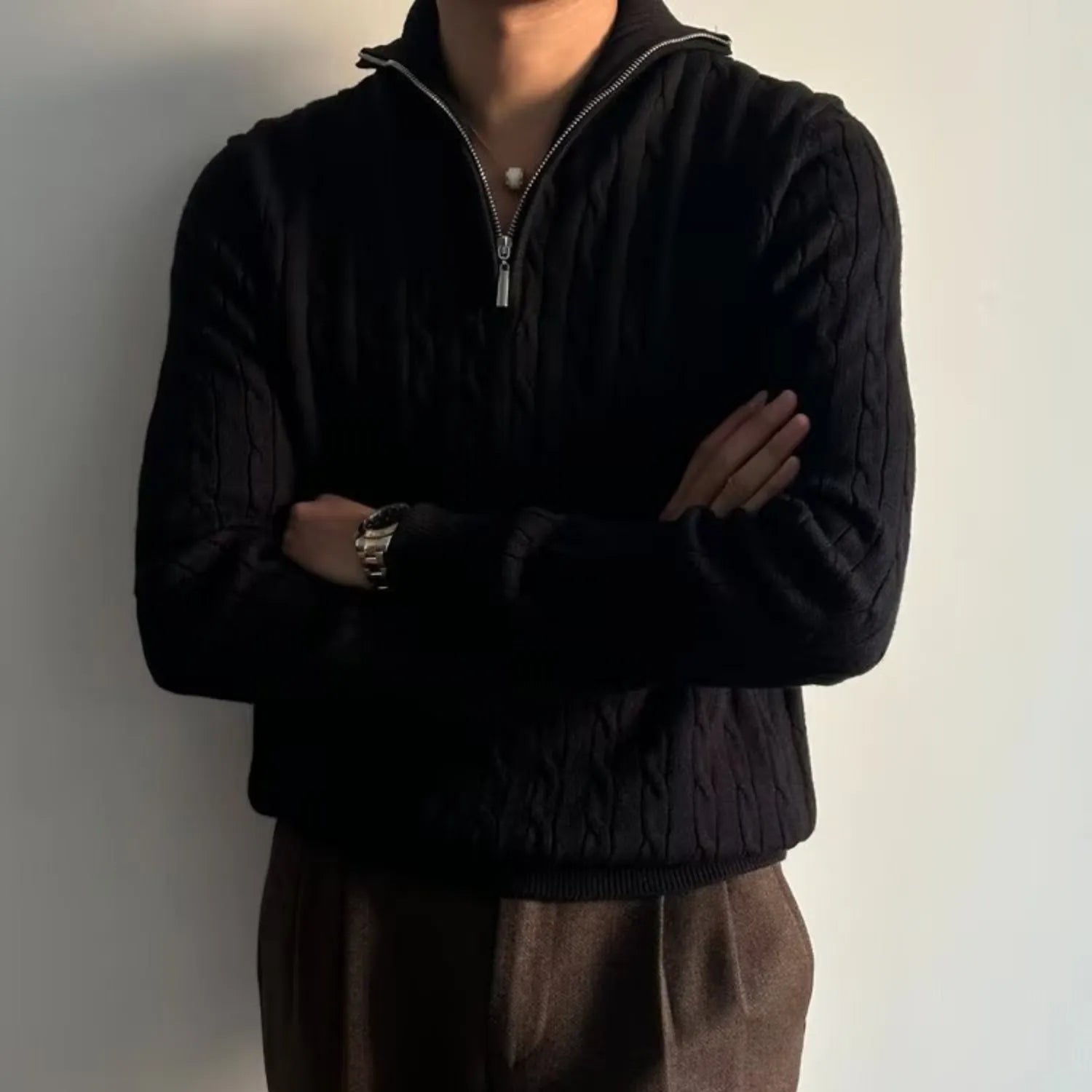 Men's Retro Pullover Sweater, showcasing its loose fit, knit texture, and comfortable style in black.