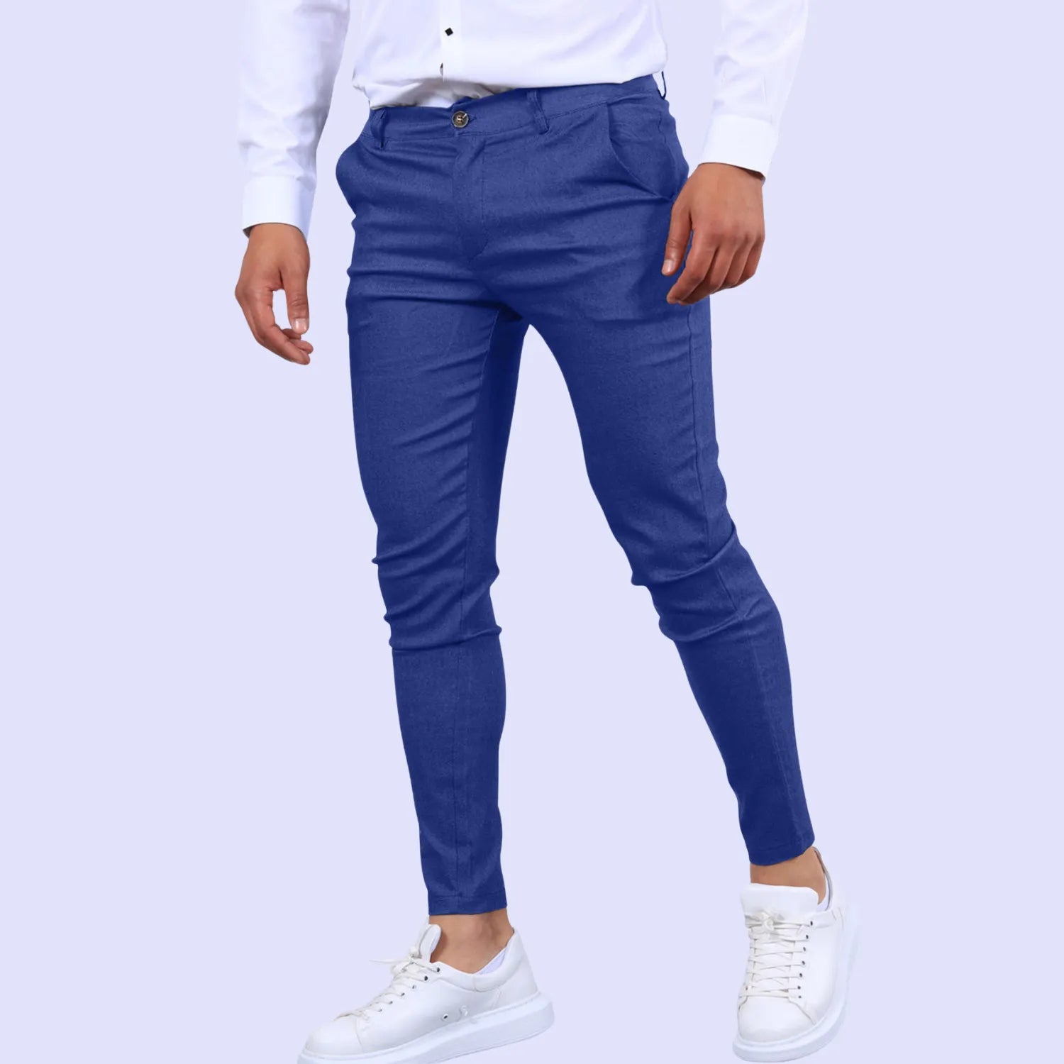 Model wearing Baltere's Men's Slim Fit Business Trousers, showcasing the modern tapered leg and versatile business-casual style in blue.