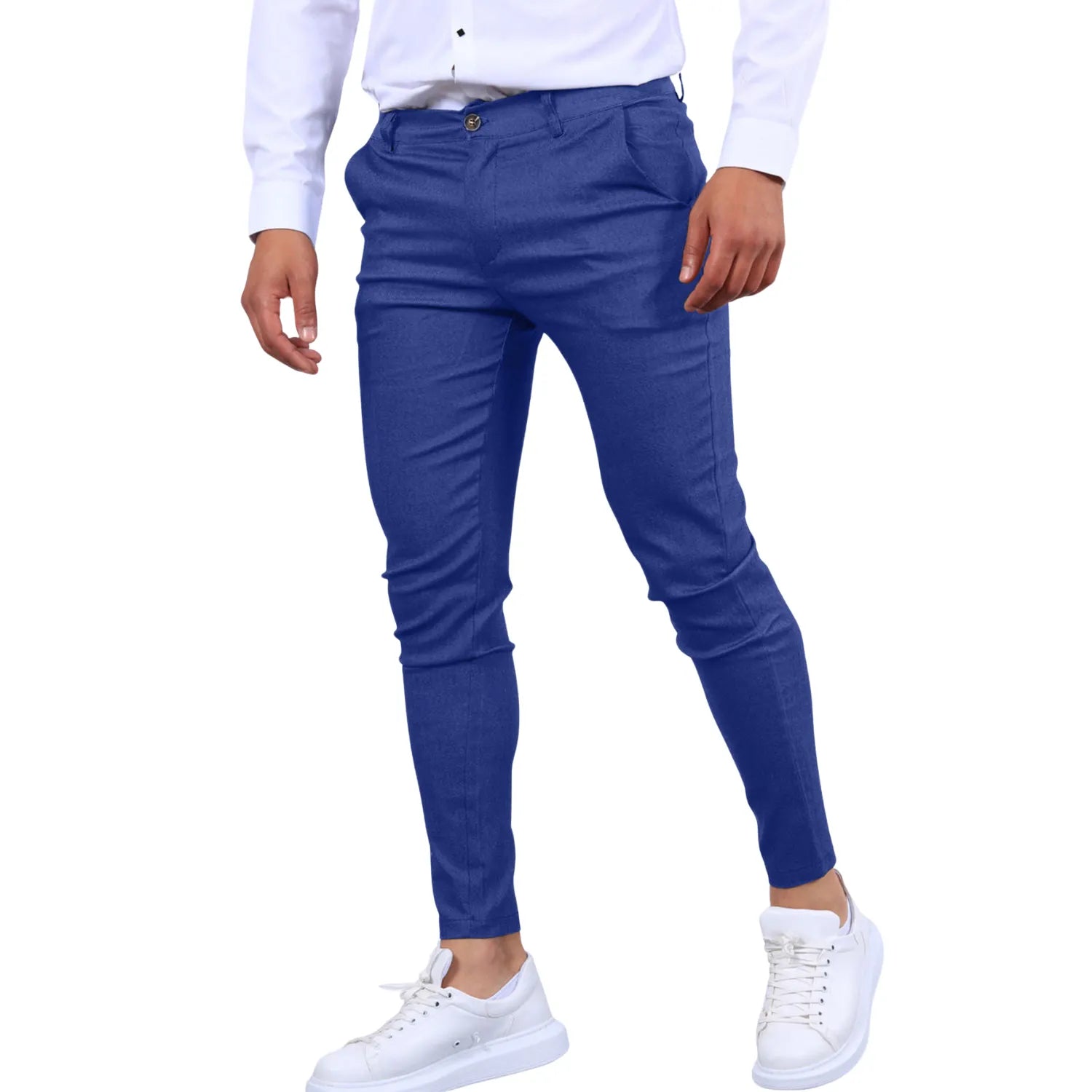 Model wearing Baltere's Men's Slim Fit Business Trousers blue, showcasing the modern tapered leg and versatile business-casual style.