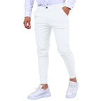 Model wearing Baltere's Men's Slim Fit Business Trousers white, showcasing the modern tapered leg and versatile business-casual style.