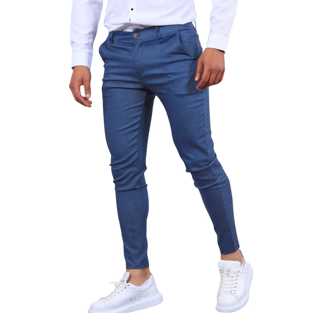 Model wearing Baltere's Men's Slim Fit Business Trousers, showcasing the modern tapered leg and versatile business-casual style in dark blue.