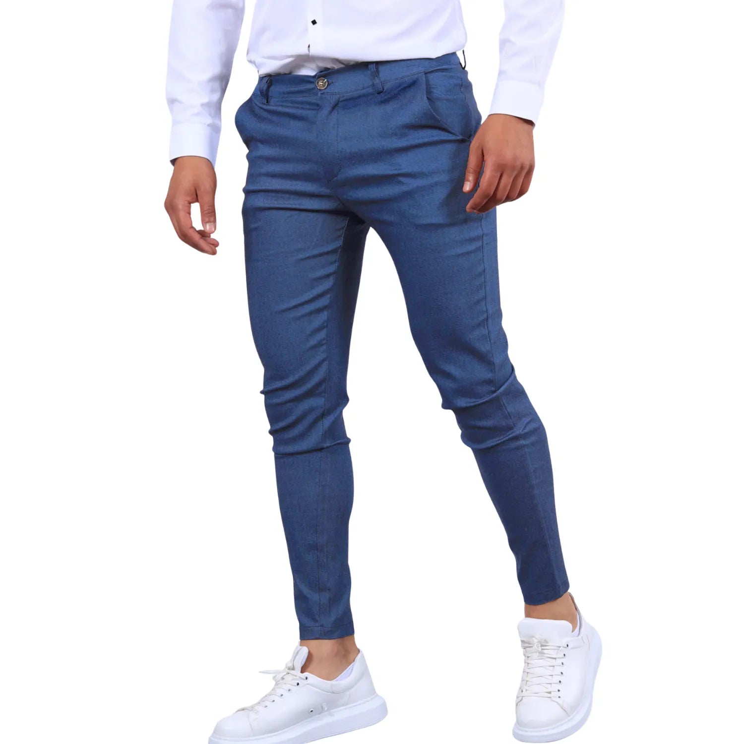Model wearing Baltere's Men's Slim Fit Business Trousers, showcasing the modern tapered leg and versatile business-casual style in dark blue.