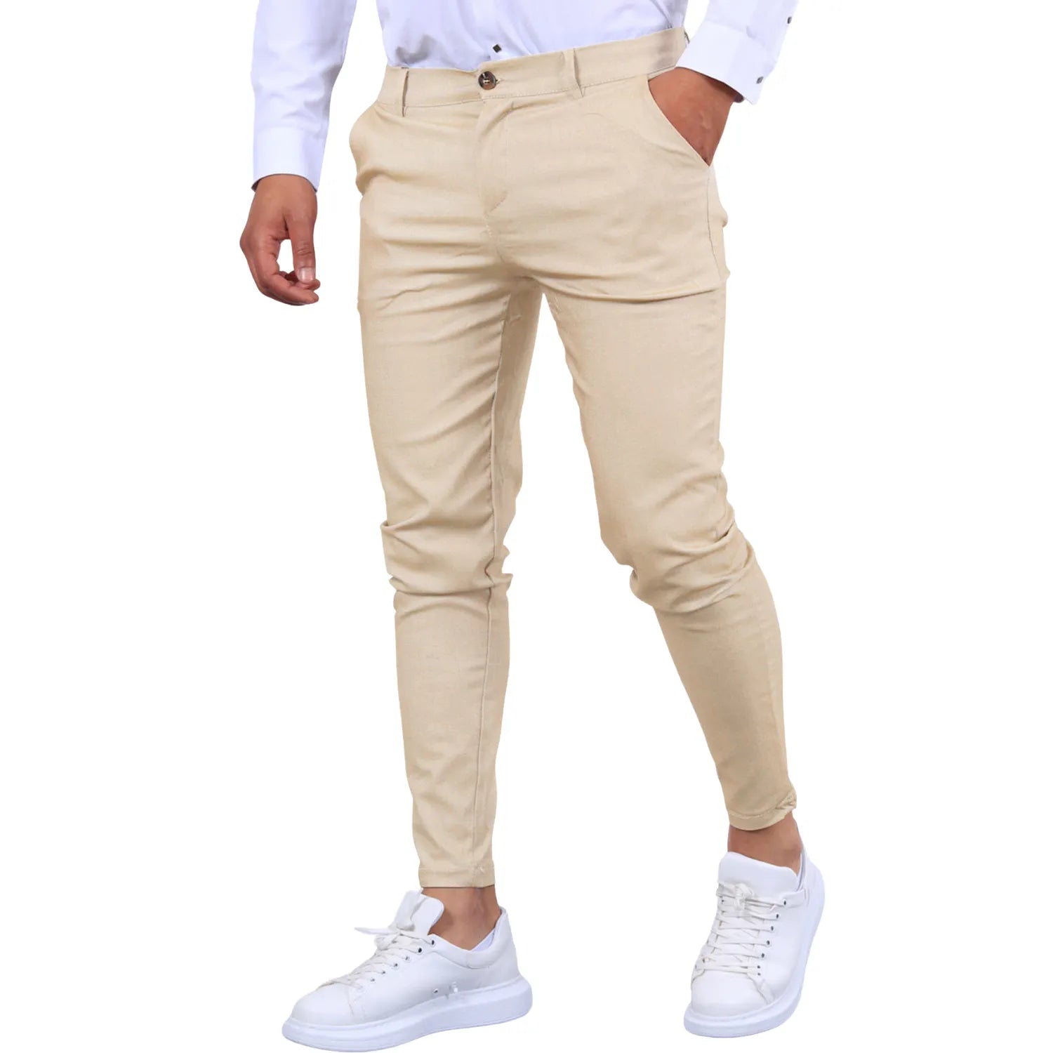 Model wearing Baltere's Men's Slim Fit Business Trousers, showcasing the modern tapered leg and versatile business-casual style in khaki.