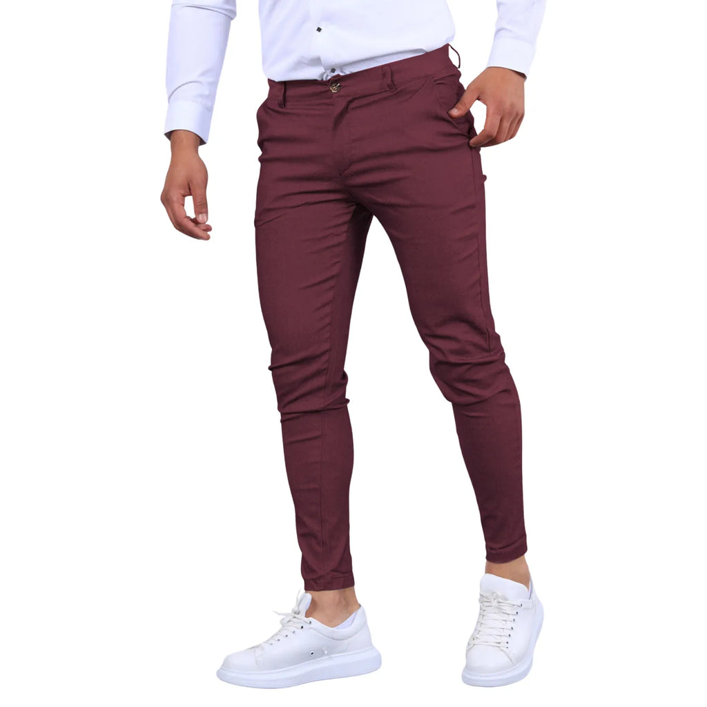 Model wearing Baltere's Men's Slim Fit Business Trousers, showcasing the modern tapered leg and versatile business-casual style in wine.