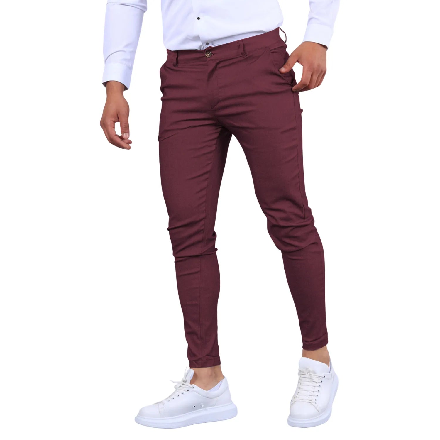 Model wearing Baltere's Men's Slim Fit Business Trousers, showcasing the modern tapered leg and versatile business-casual style in wine.