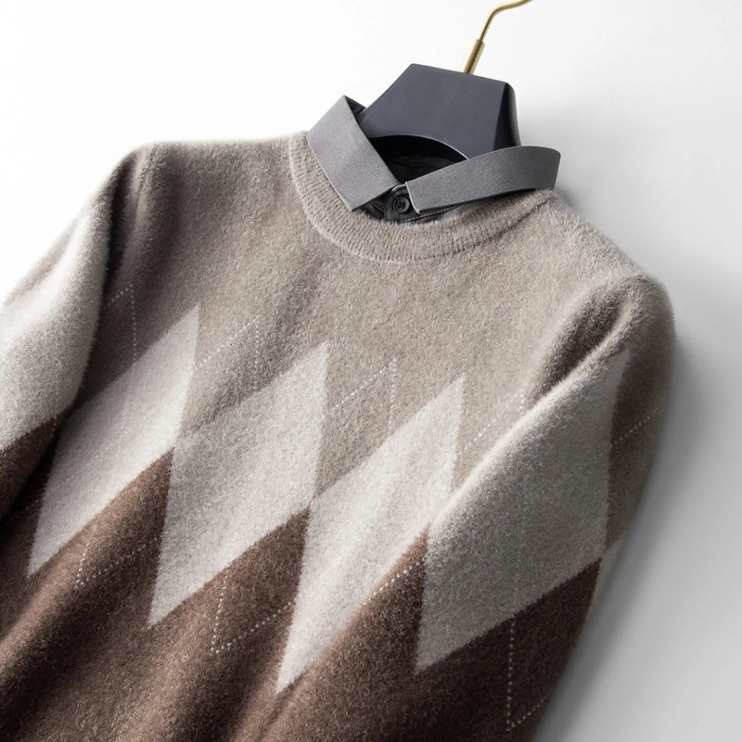 Front view of the Men's Two-Piece Look Sweater, showcasing the contrasting layered collar and soft, diamond-patterned knit.