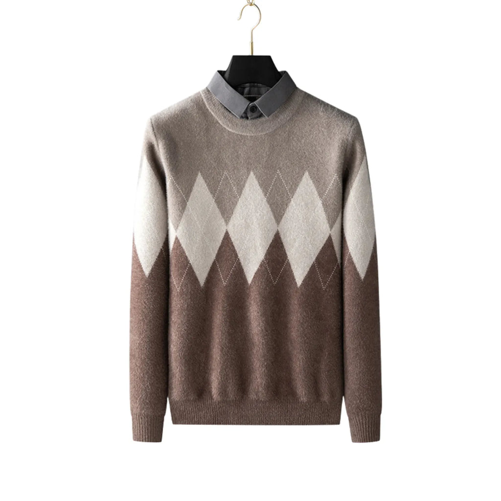 Baltere's Men's Two-Piece Look Sweater, featuring a classic diamond pattern and a layered-collar design in brown.