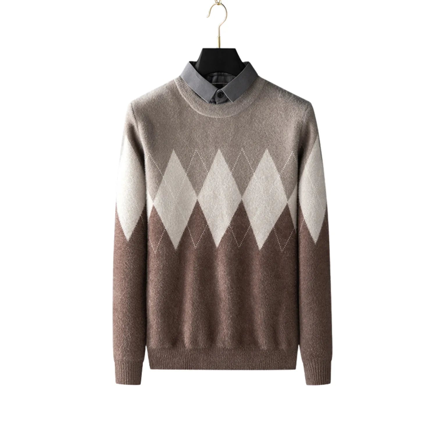 Baltere's Men's Two-Piece Look Sweater, featuring a classic diamond pattern and a layered-collar design in brown.
