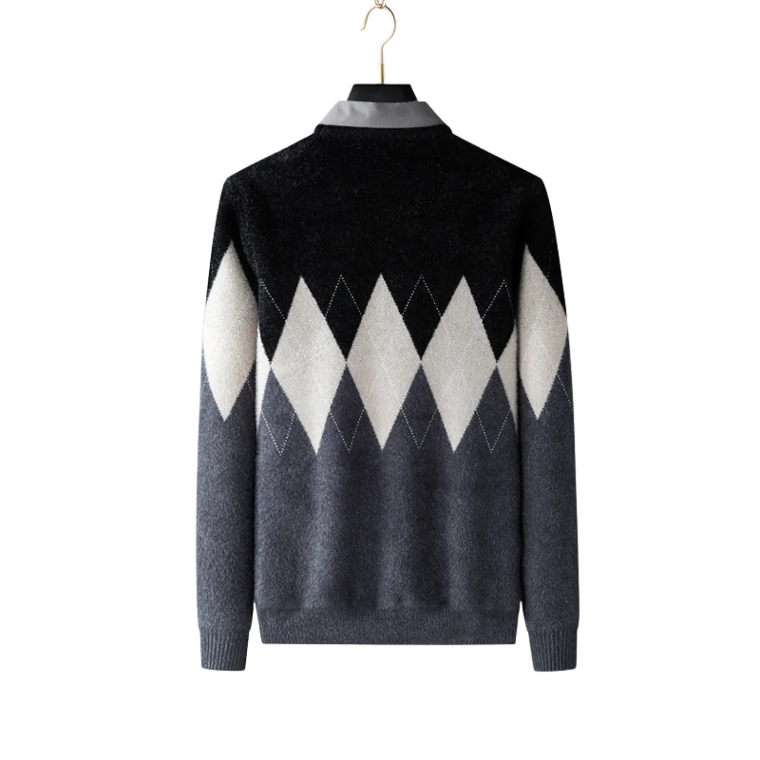 A rear view of the Men's Two-Piece Look Sweater, showcasing the bold diamond pattern and soft, textured fabric.