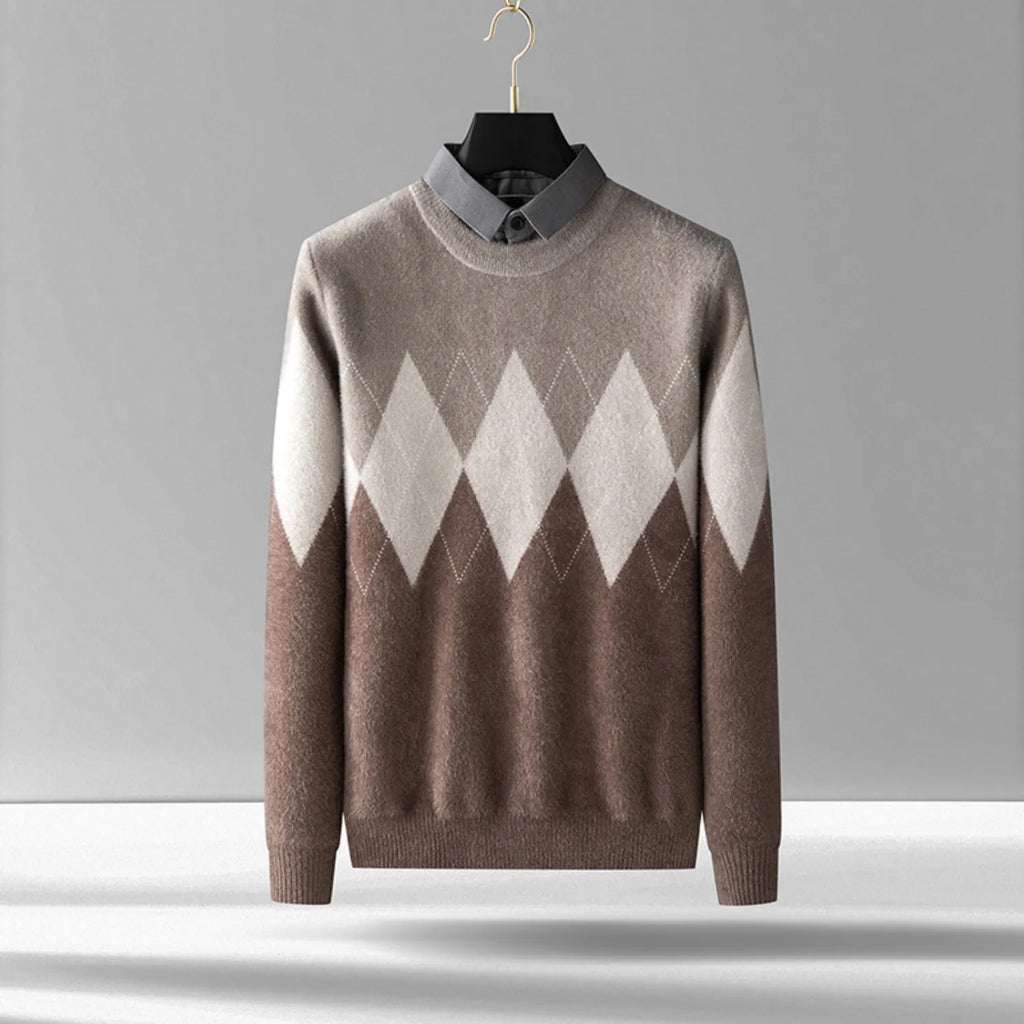 Front view of the Men's Two-Piece Look Sweater, showcasing the contrasting layered collar.