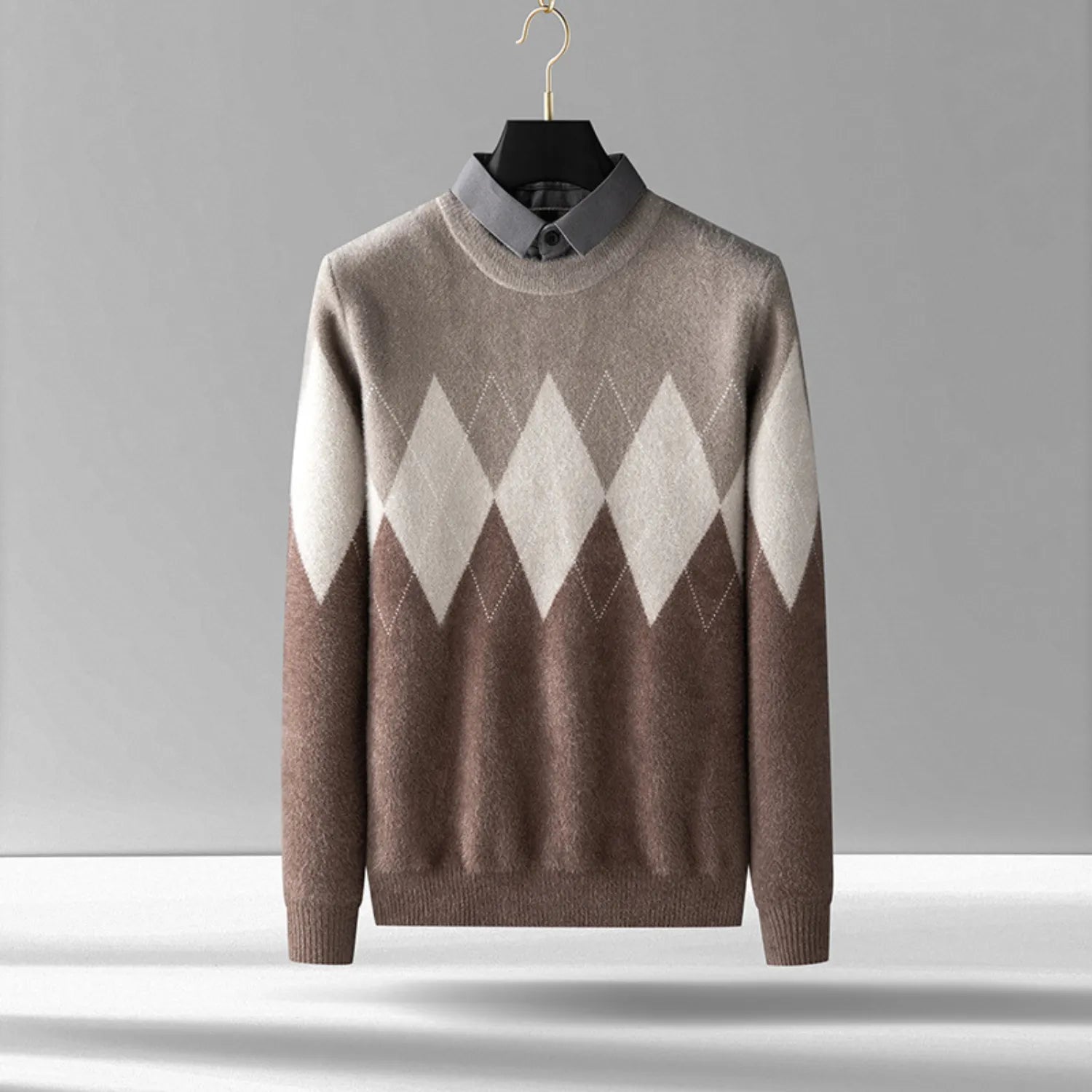 Front view of the Men's Two-Piece Look Sweater, showcasing the contrasting layered collar.