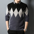 Model wearing Baltere's Men's Two-Piece Look Sweater, comfortable, gray  featuring a classic diamond pattern and a layered-collar design.