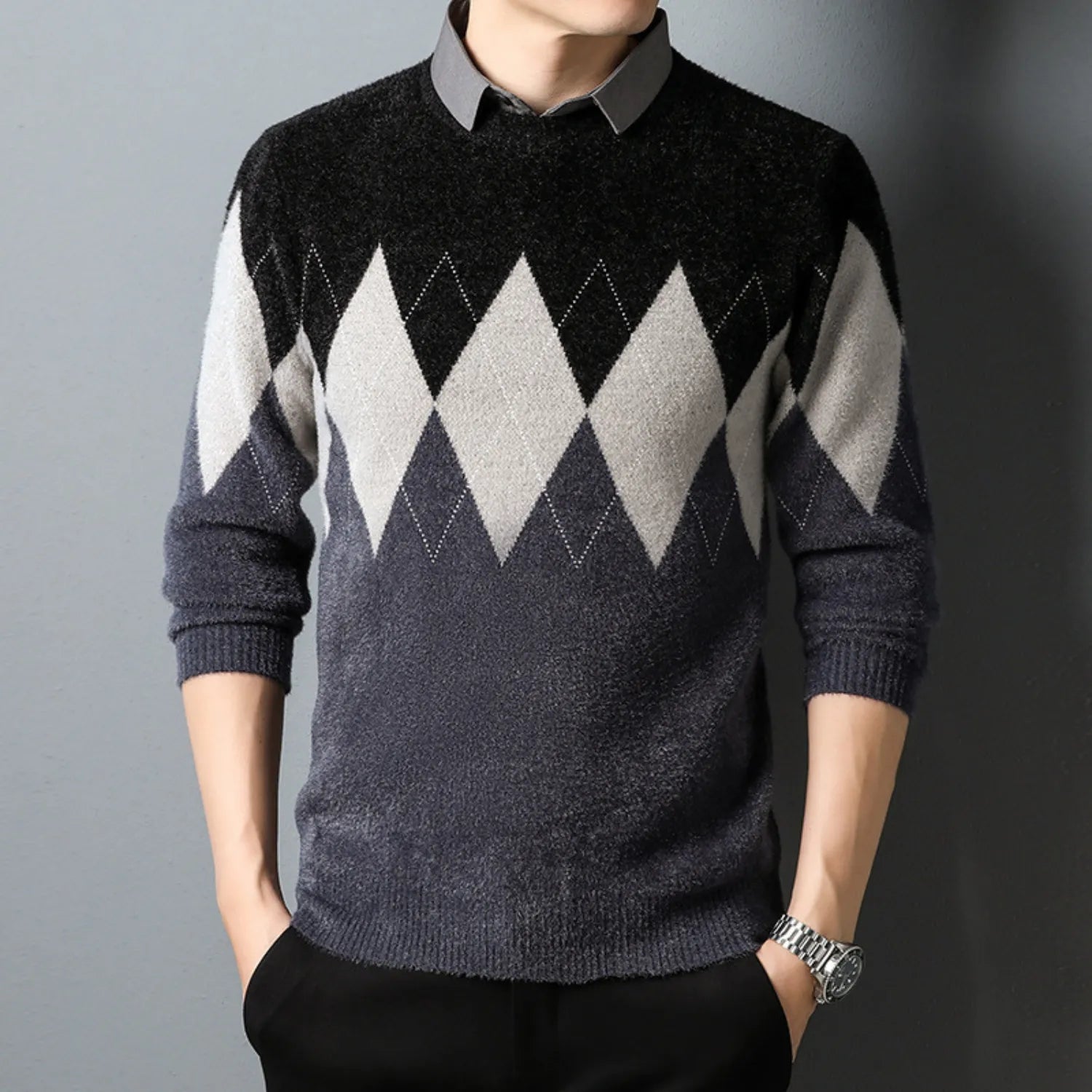Model wearing Baltere's Men's Two-Piece Look Sweater, comfortable, gray  featuring a classic diamond pattern and a layered-collar design.