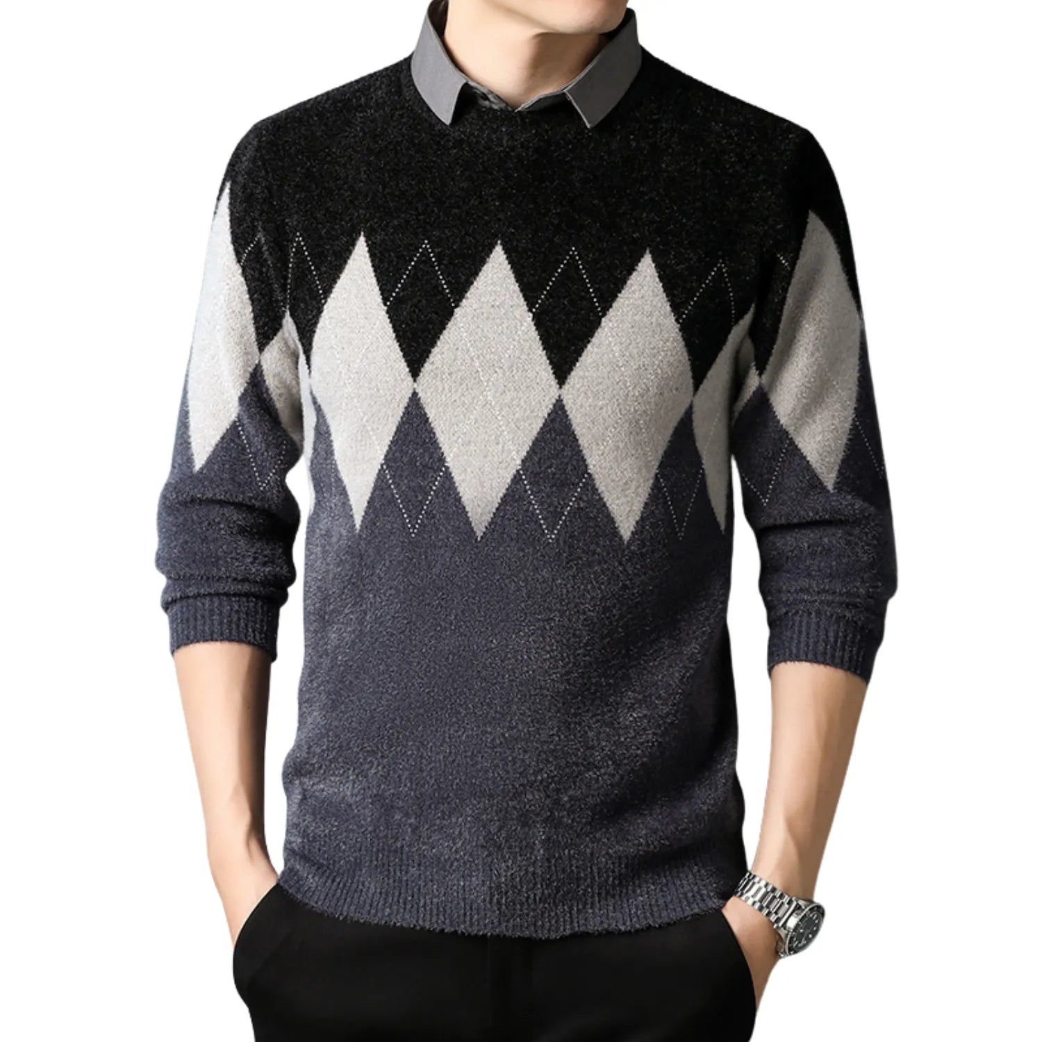 Front view of the Men's Two-Piece Look Sweater, showcasing the contrasting layered collar and soft, diamond-patterned knit in gray.