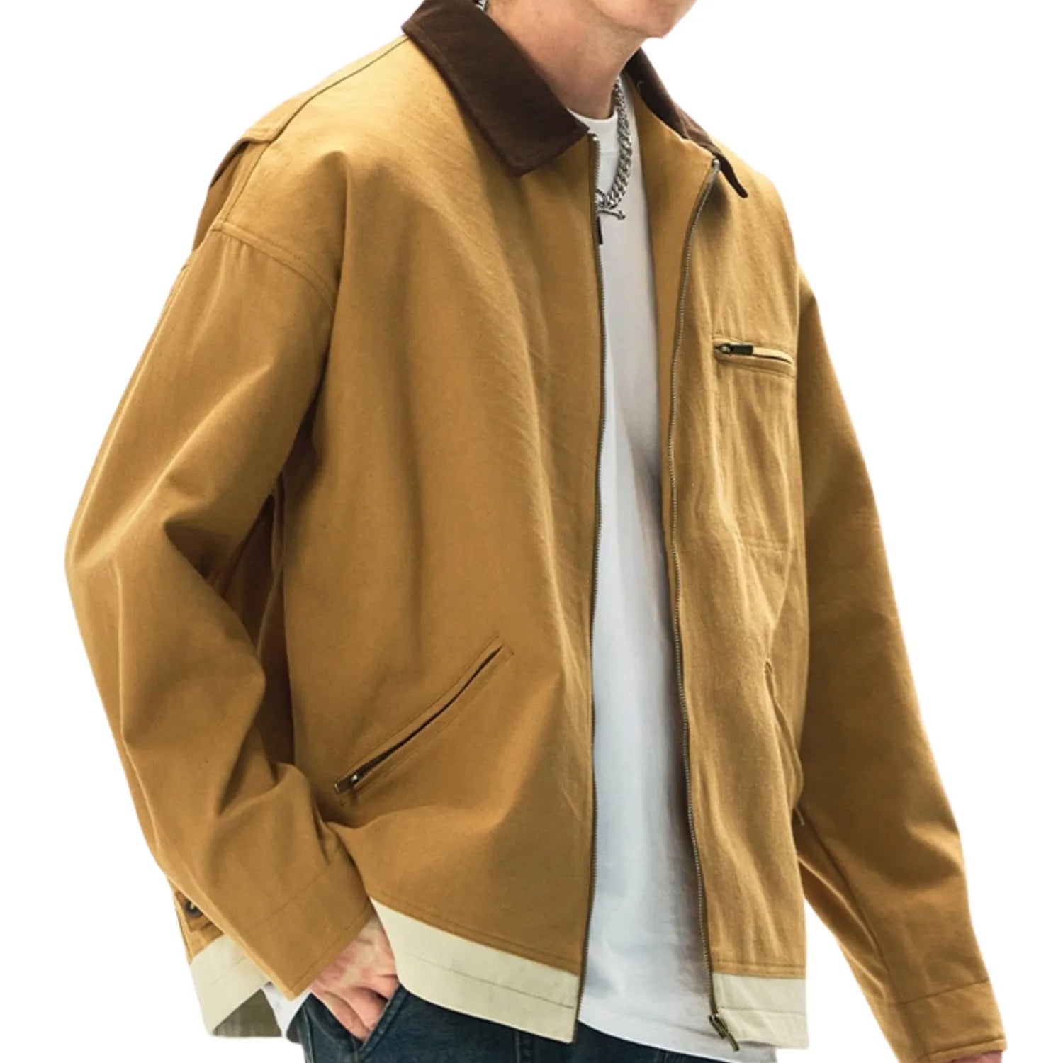 Baltere Men's Two-Tone Washed Polo Jacket in khaki, featuring a classic contrasting collar, a full-zip front, and multiple pockets.