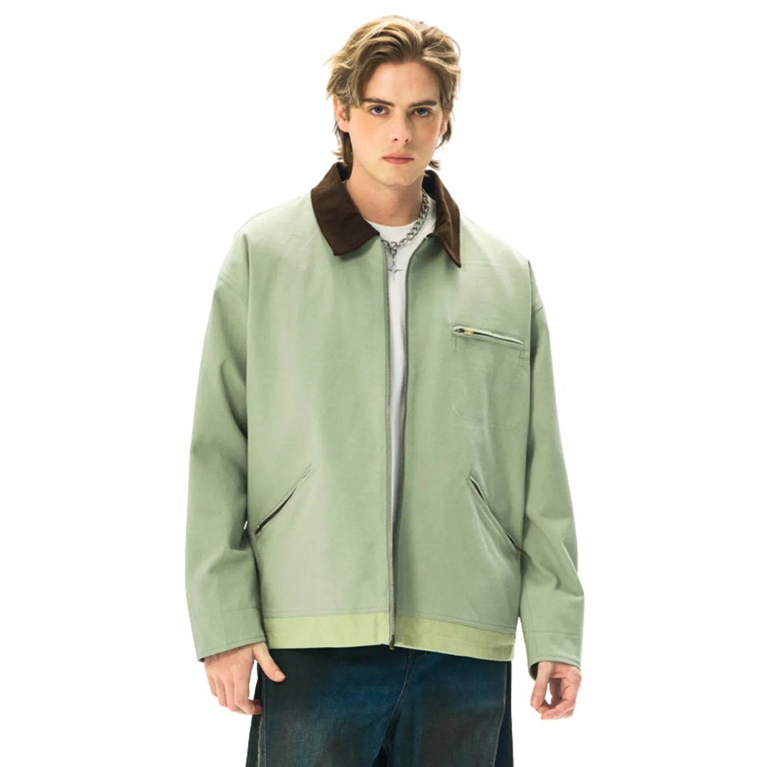 Baltere Men's Two-Tone Washed Polo Jacket, featuring a classic contrasting collar, a full-zip front, and multiple pockets in mint green.