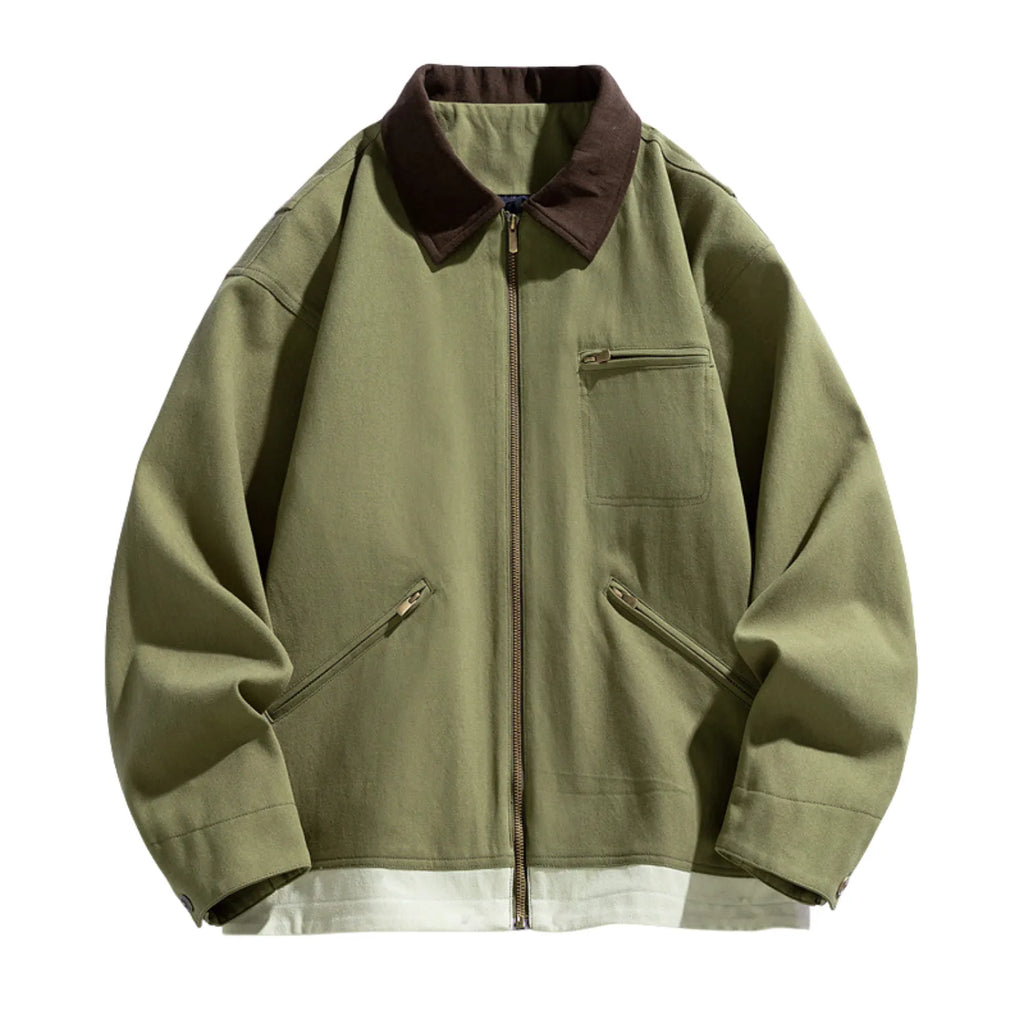 Baltere Men's Two-Tone Washed Polo Jacket, featuring a classic contrasting collar, a full-zip front, and multiple pockets in olive.