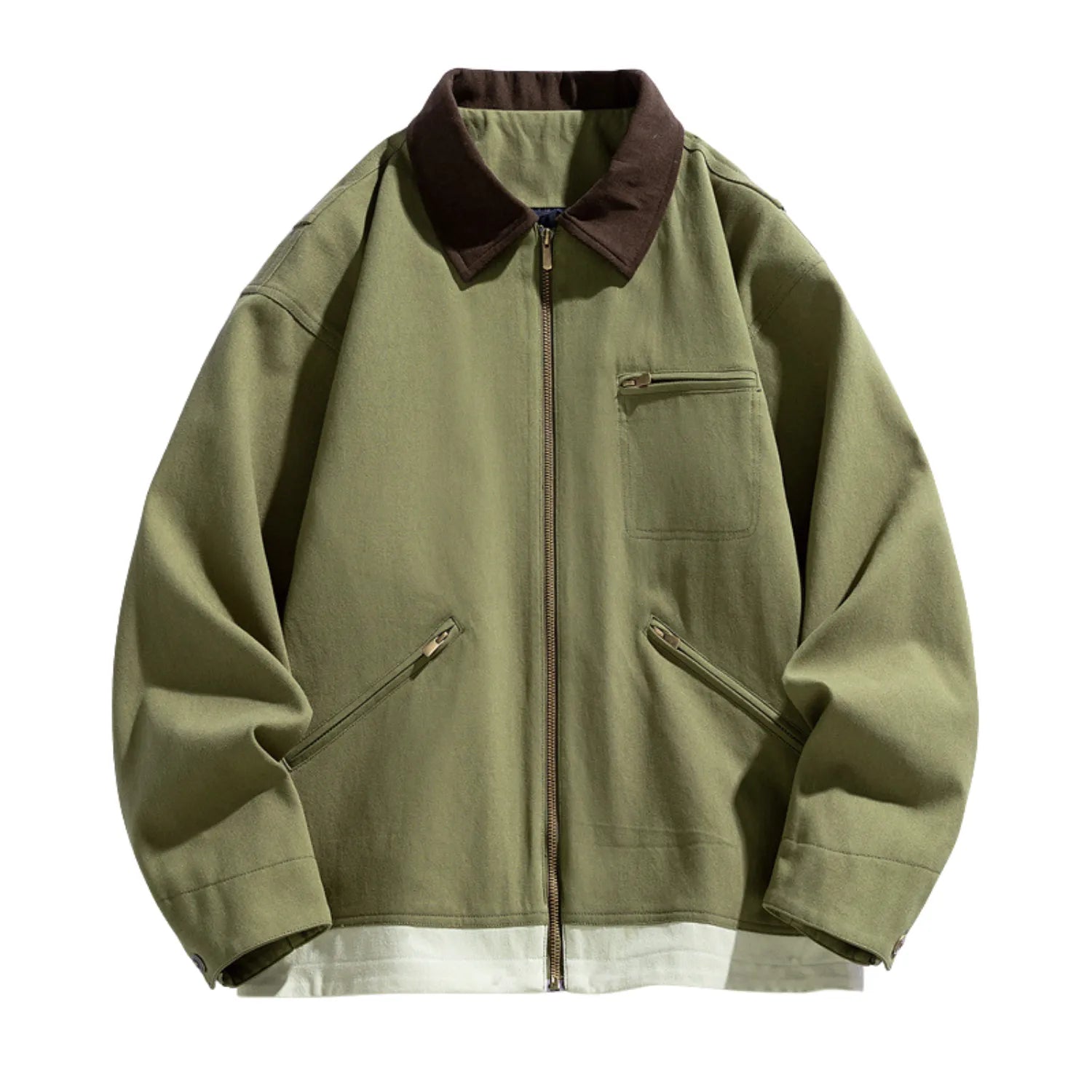 Baltere Men's Two-Tone Washed Polo Jacket, featuring a classic contrasting collar, a full-zip front, and multiple pockets in olive.