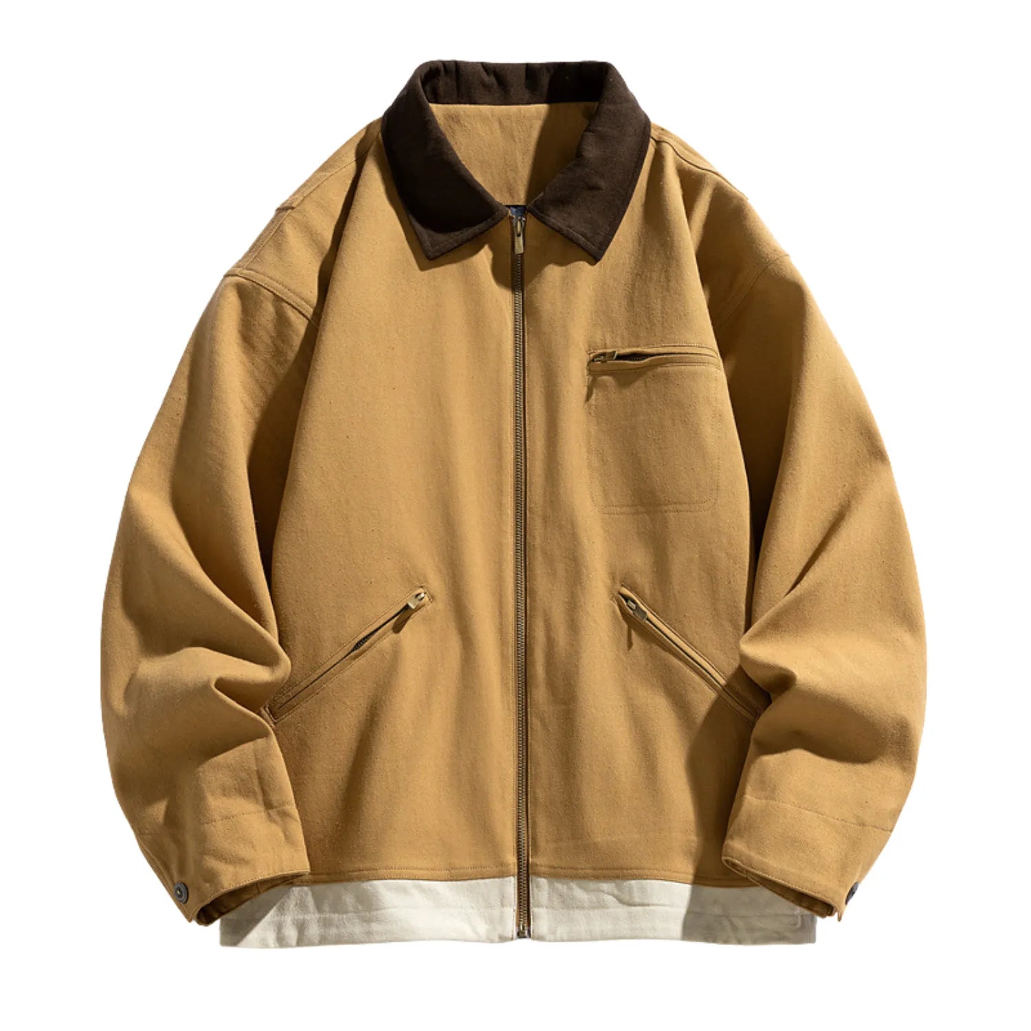 Men's Two-Tone Washed Polo Jacket, featuring a classic contrasting collar, a full-zip front, and multiple pockets.