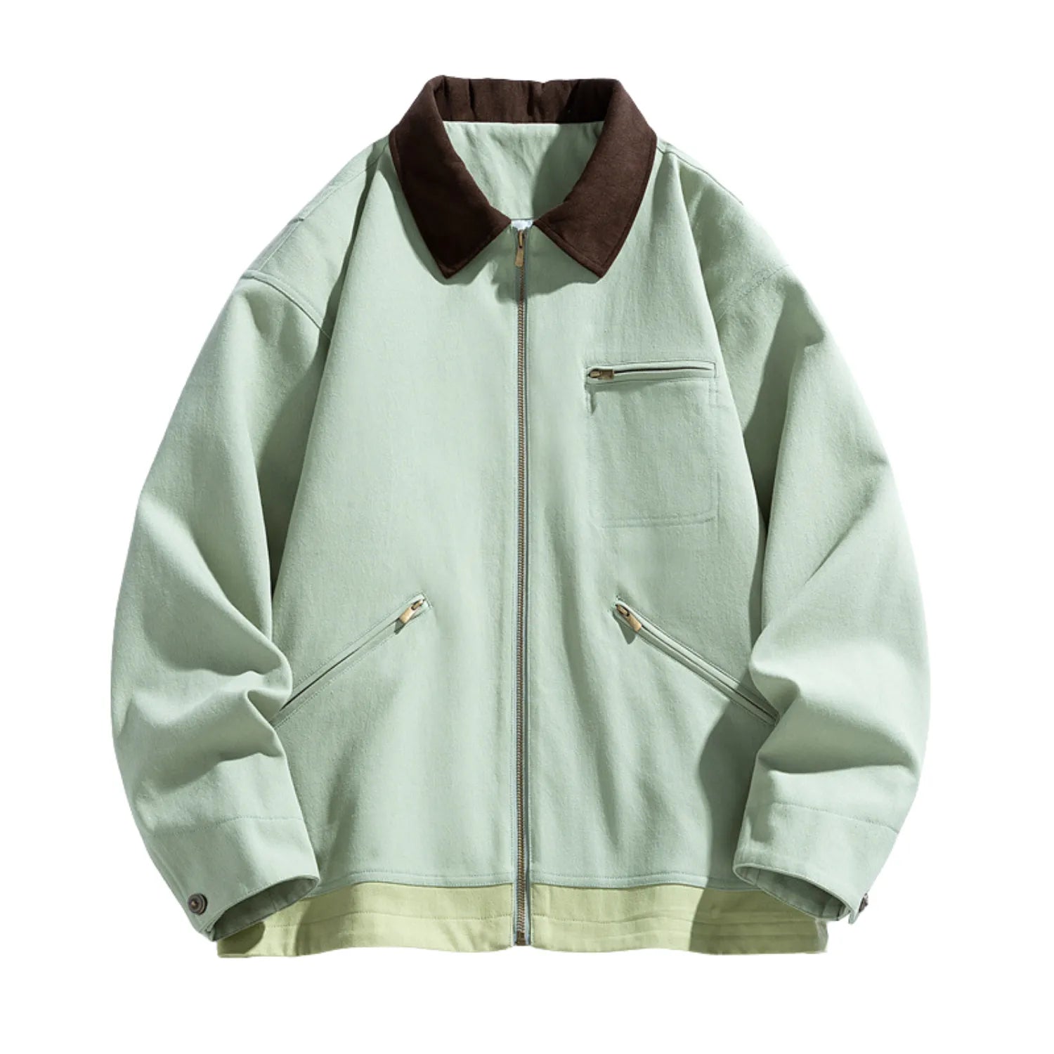 Men's Two-Tone Washed Polo Jacket, featuring a classic contrasting collar, a full-zip front, and multiple pockets in mint green.