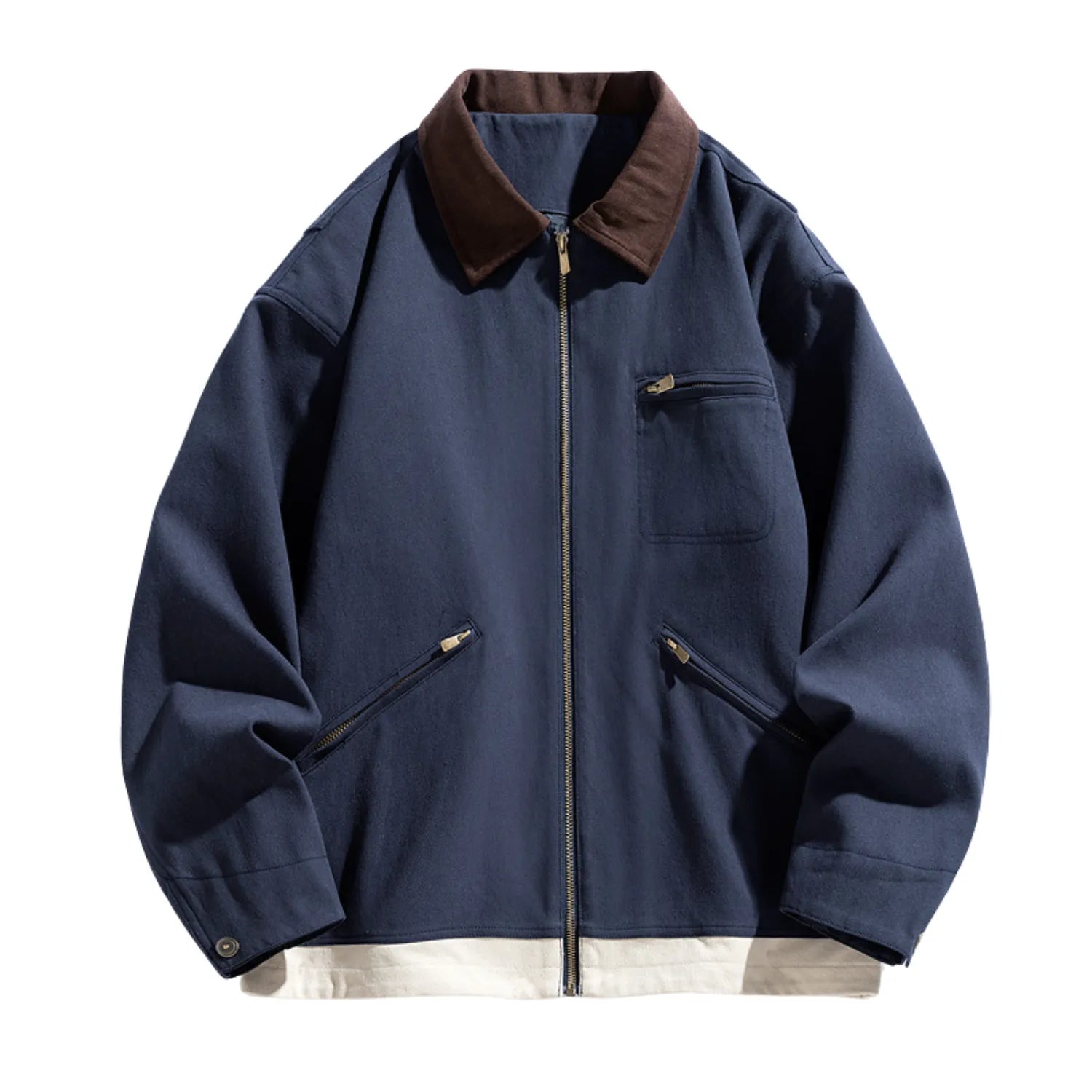 Men's Two-Tone Washed Polo Jacket, featuring a classic contrasting collar, a full-zip front, and multiple pockets.