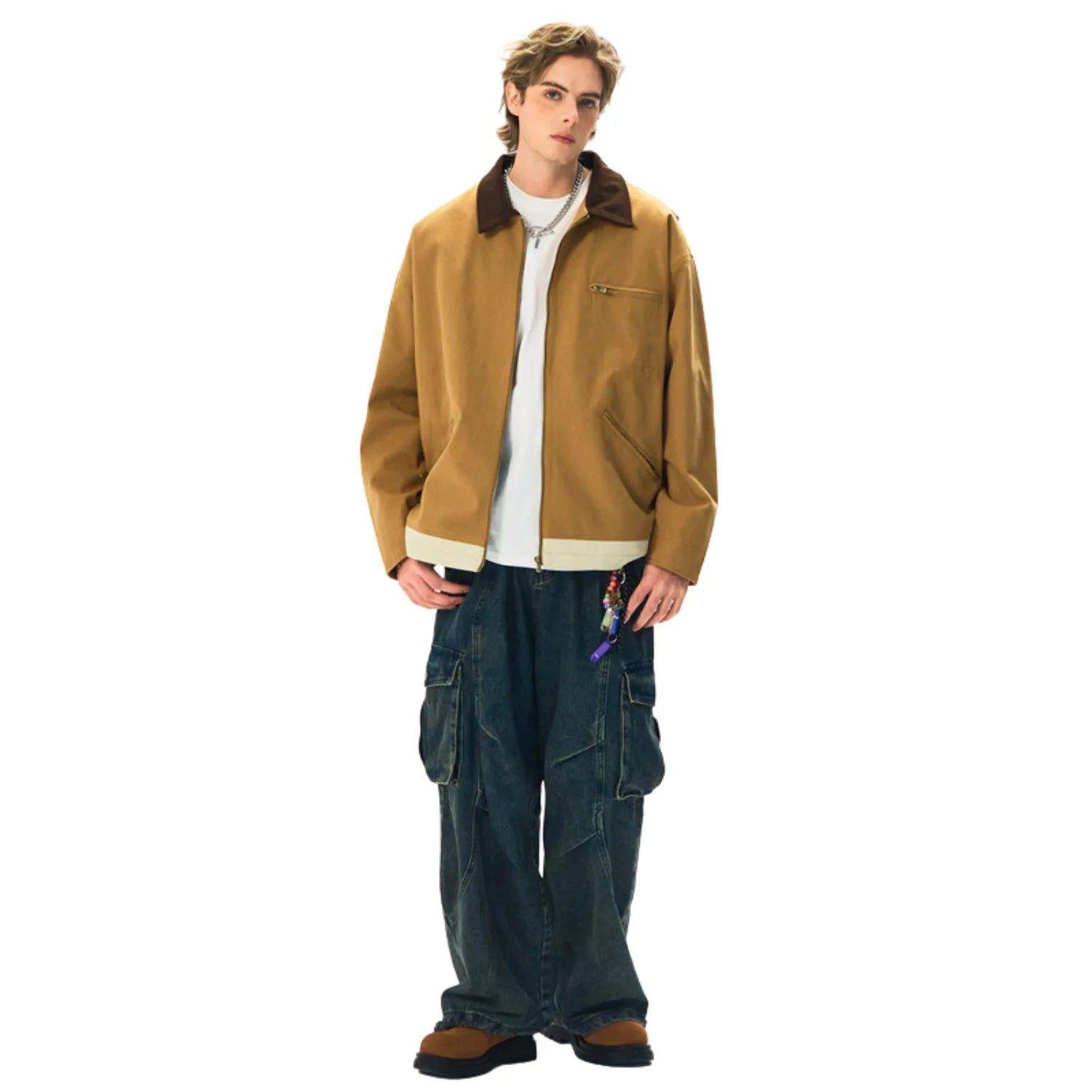 Men's Two-Tone Washed Polo Jacket, featuring a classic contrasting collar, a full-zip front.