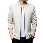 Baltere's Modern Business Casual Jacket, showcasing its tailored fit, stand-up collar, and versatile style in beige.