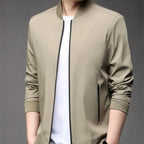 Baltere's Modern Business Casual Jacket, showcasing its tailored fit, stand-up collar, and versatile style in khaki.