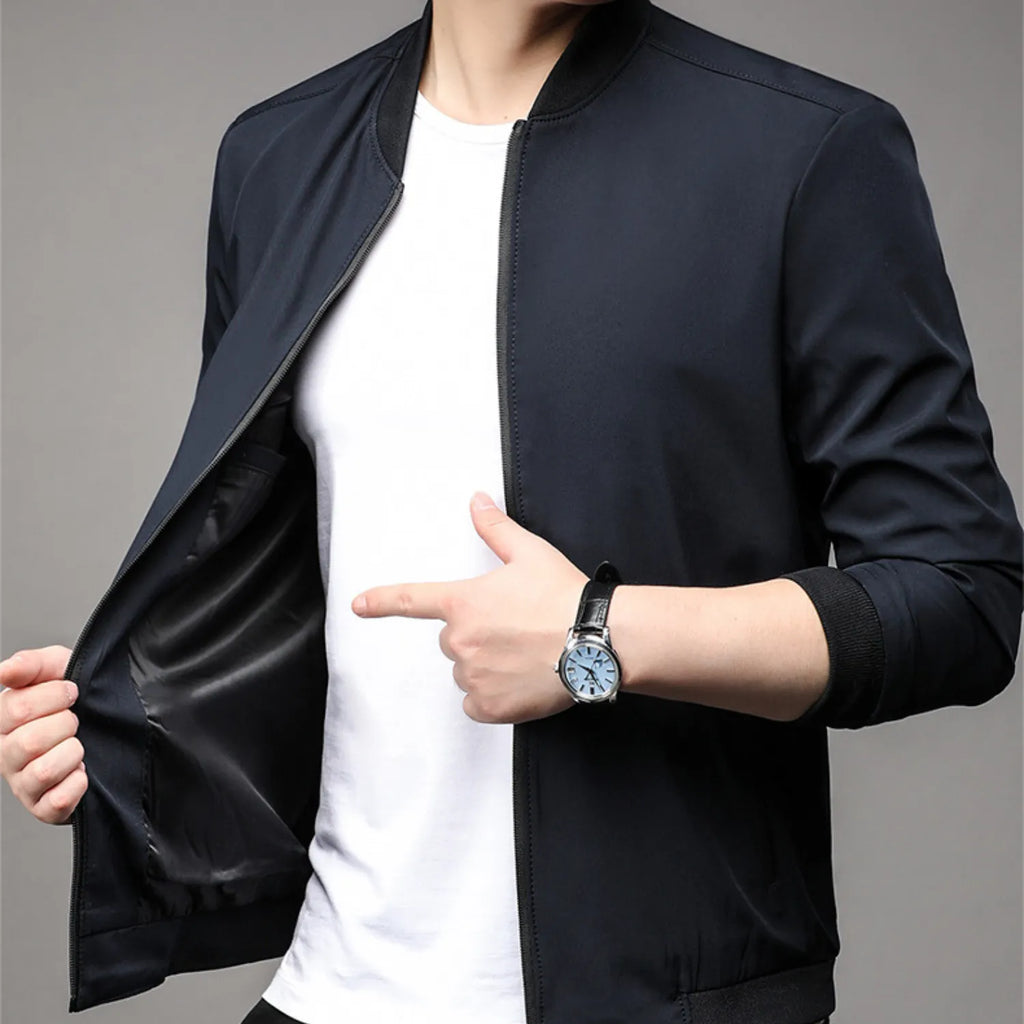 Model wearing Baltere's Modern Business Casual Jacket, showcasing its tailored fit, stand-up collar, and versatile style in black.