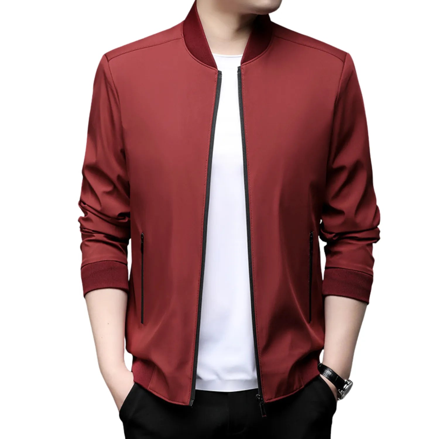 Model wearing Baltere's Modern Business Casual Jacket, showcasing its tailored fit, stand-up collar, and versatile style in red.