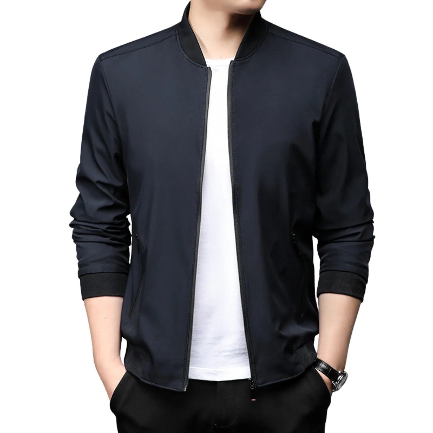 Baltere's Modern Business Casual Jacket, showcasing its tailored fit, stand-up collar, and versatile style.
