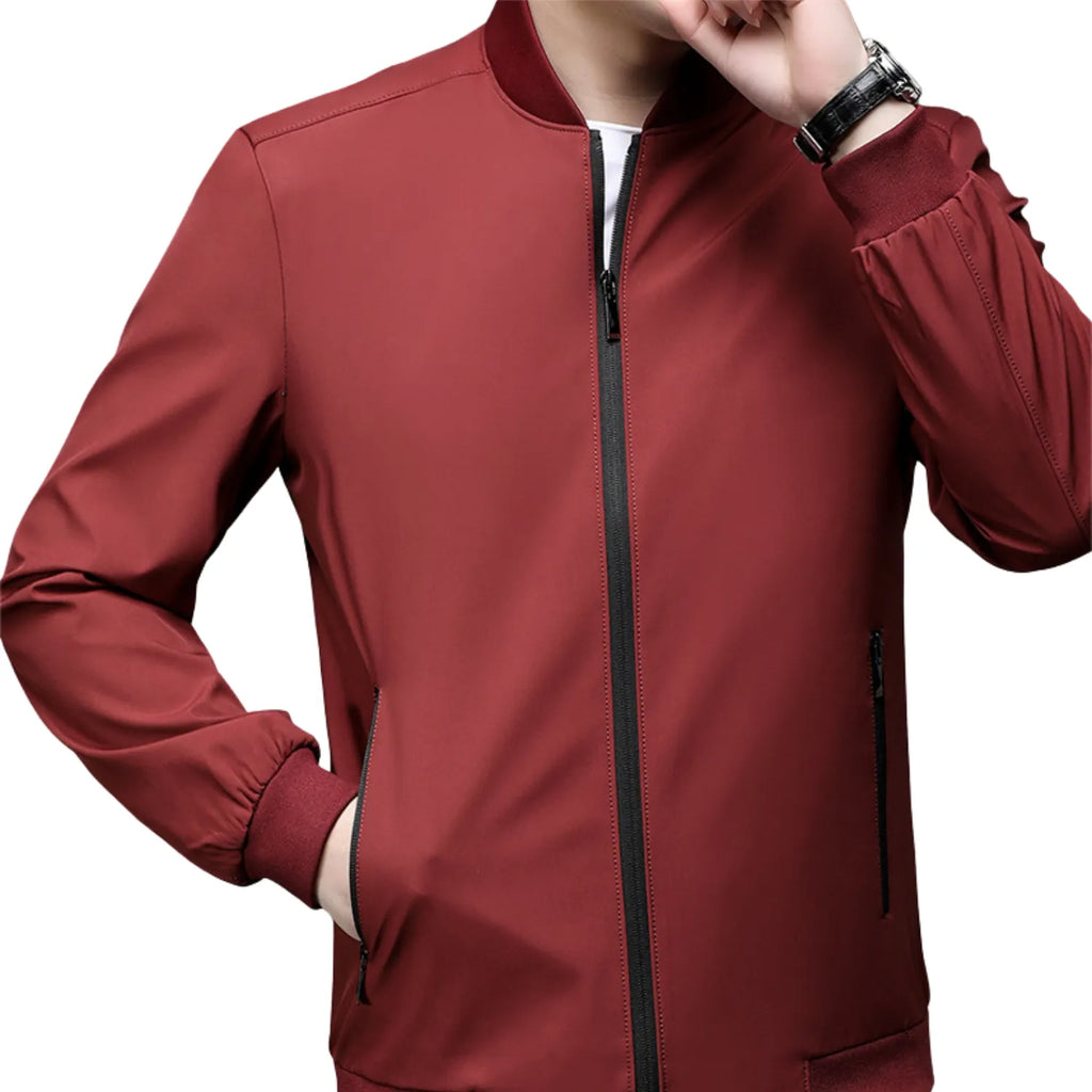 Modern Business Casual Jacket, showcasing its tailored fit, stand-up collar, and versatile style.