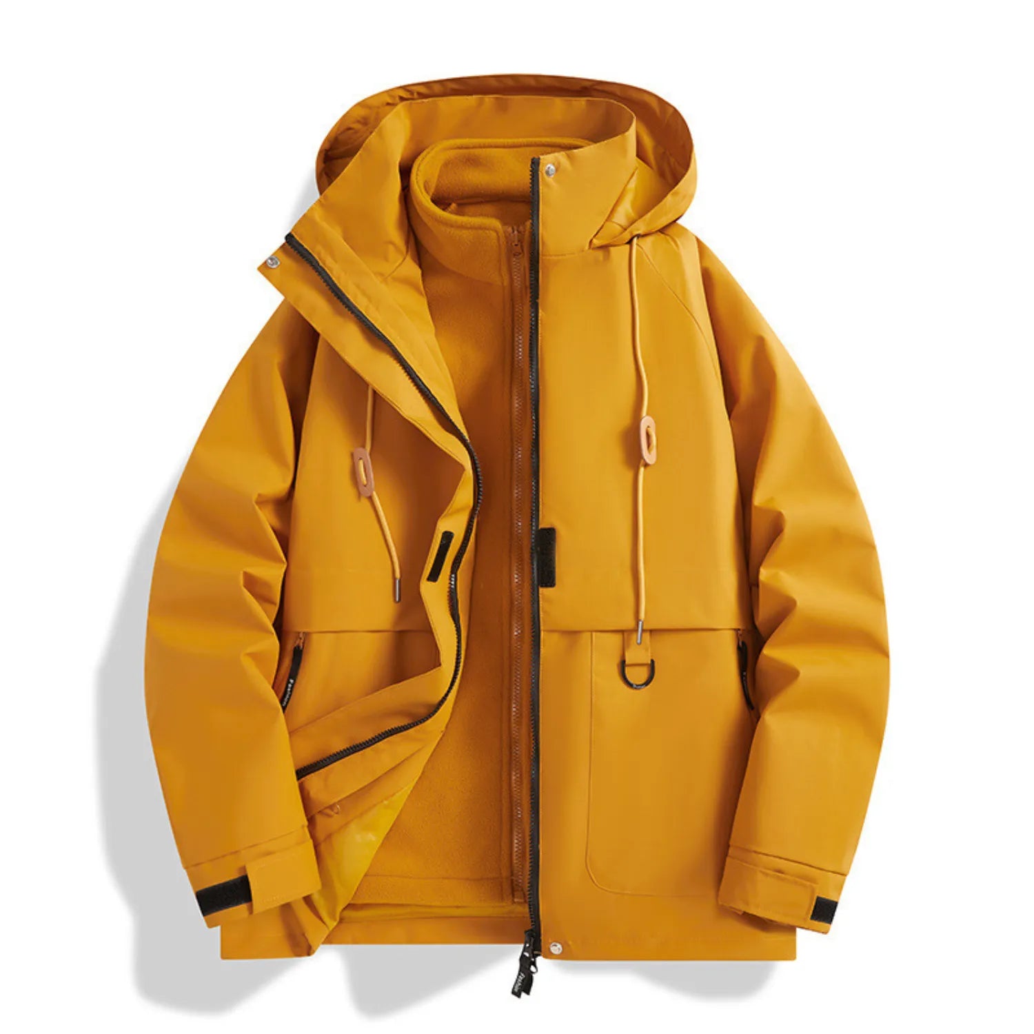 Baltere Women's 3-in-1 Waterproof Jacket yellow, showcasing the hooded design, dual layer system, and outdoor performance features.