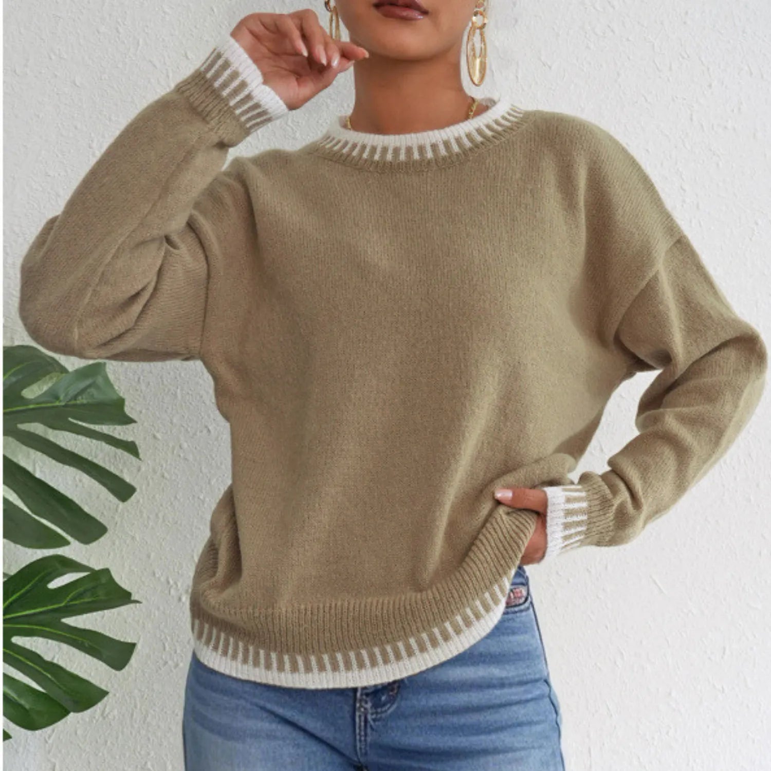 Women's Contrast Color Pullover Sweater khaki, made from soft knitwear, emphasizing its comfortable fit.