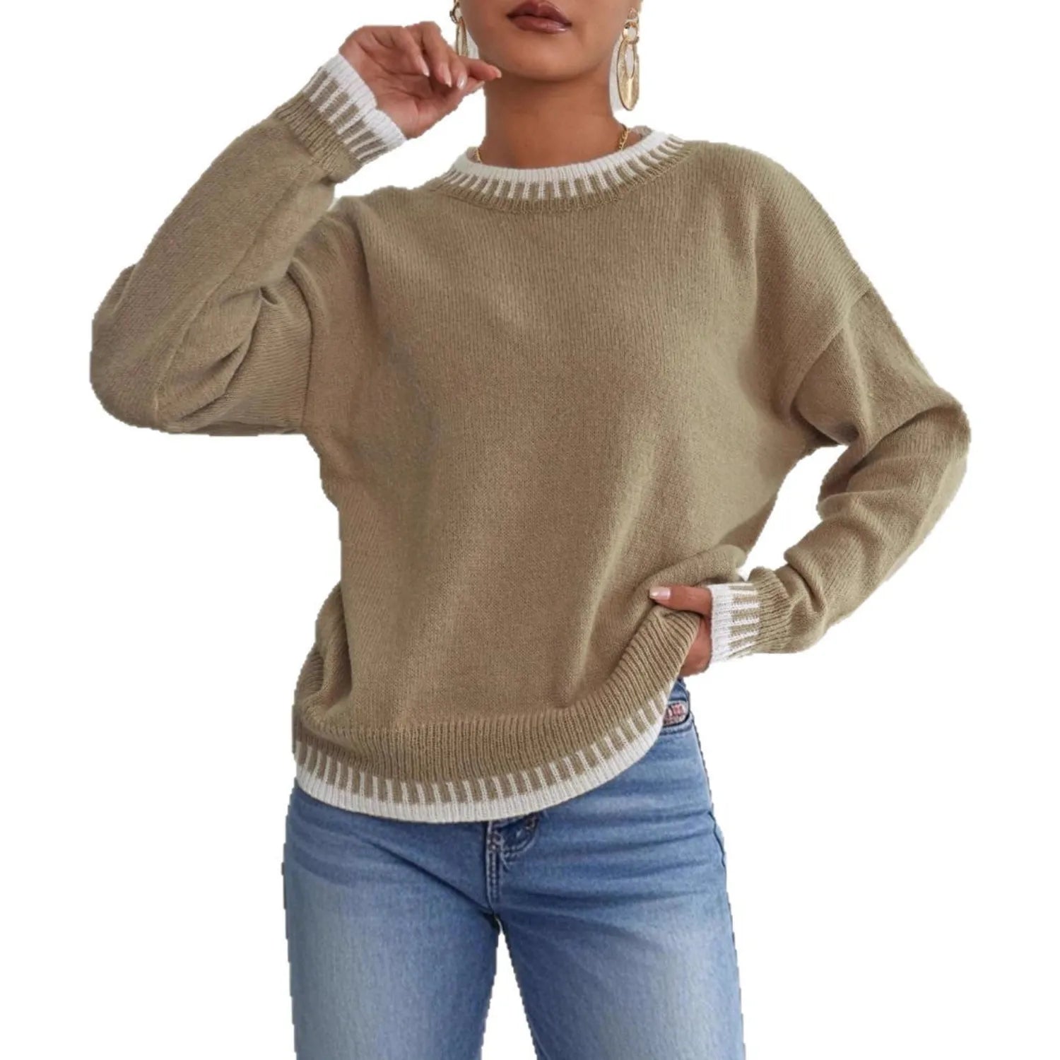 Women's Contrast Color Pullover Sweater khaki, made from soft knitwear, emphasizing its comfortable fit and stylish detailing.
