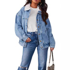 Model wearing Baltere's Women's Denim Jacket with a detachable collar, showcasing its oversized fit.