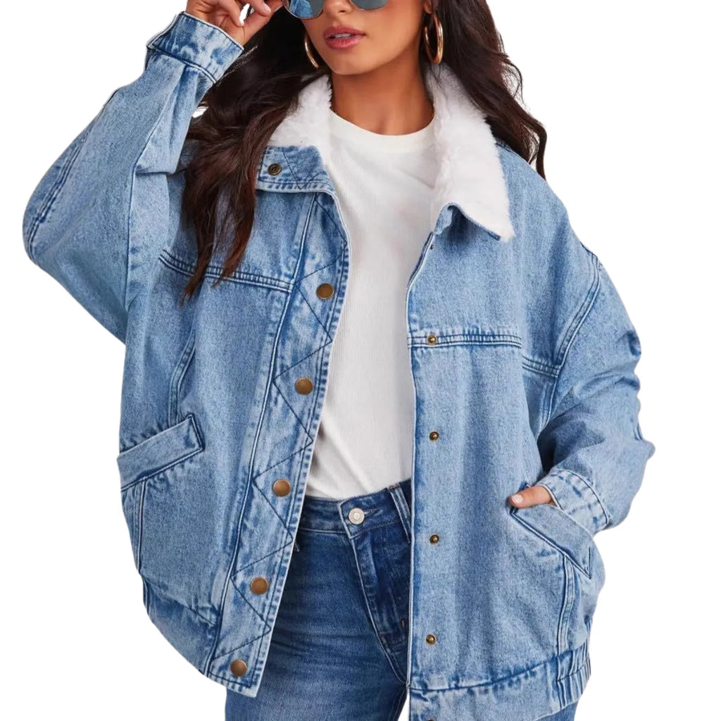 Model wearing Women's Denim Jacket with a detachable collar, showcasing its oversized fit and cozy style.