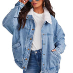 Model wearing Women's Denim Jacket with a detachable collar, showcasing its oversized fit and cozy style.