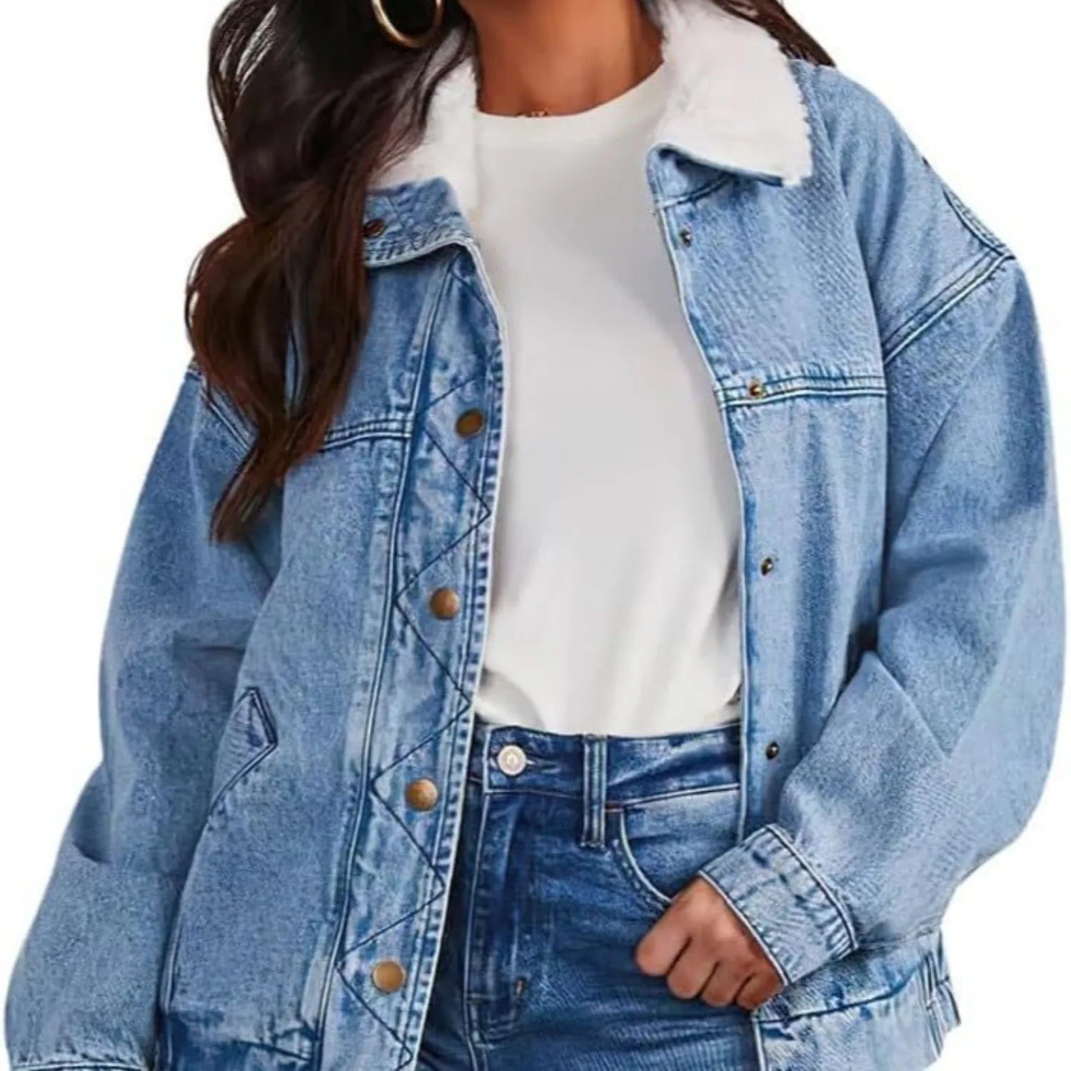Model wearing Baltere's Women's Denim Jacket with a detachable collar, showcasing its oversized fit and cozy style.