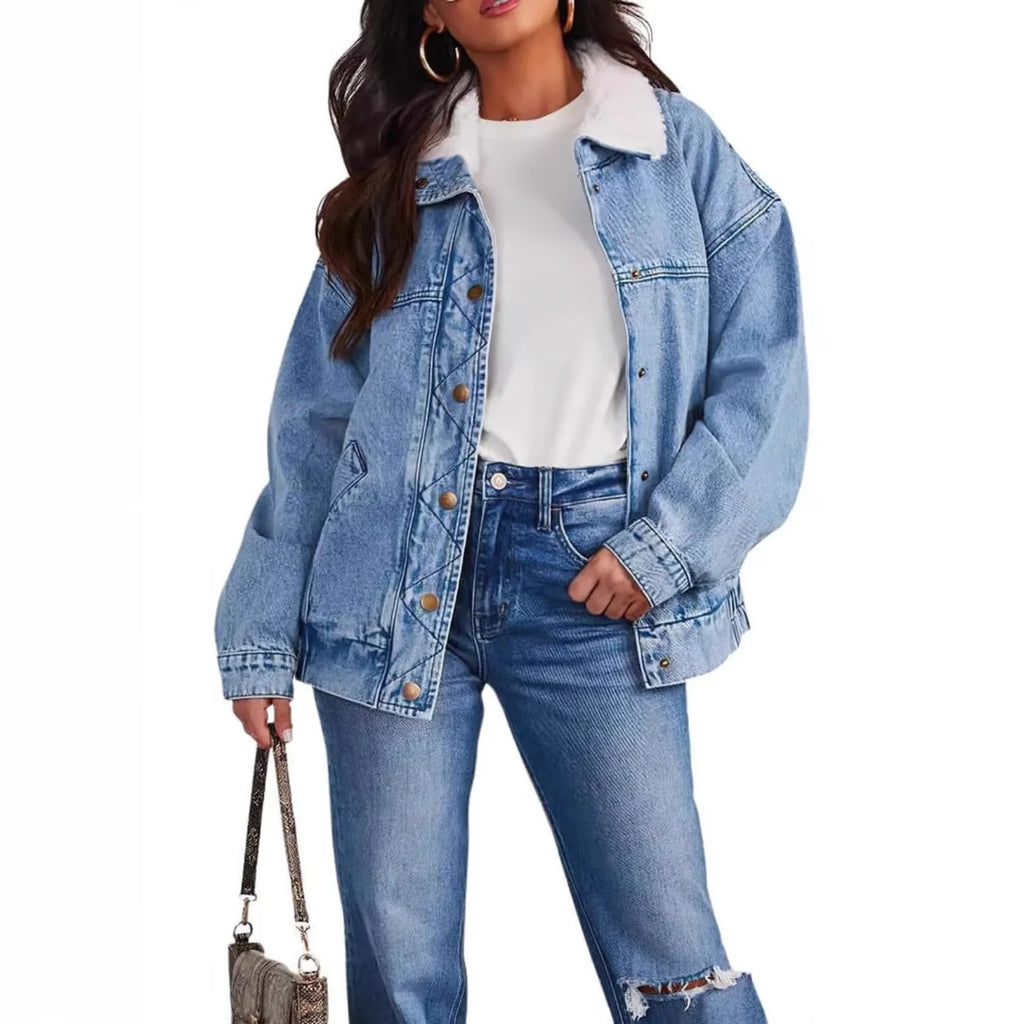 Model wearing Baltere's Women's Denim Jacket with a detachable collar, showcasing its oversized fit and cozy style in light blue.