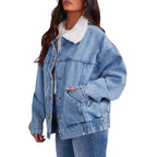 Women's Denim Jacket with a detachable collar, showcasing its oversized fit and cozy style.