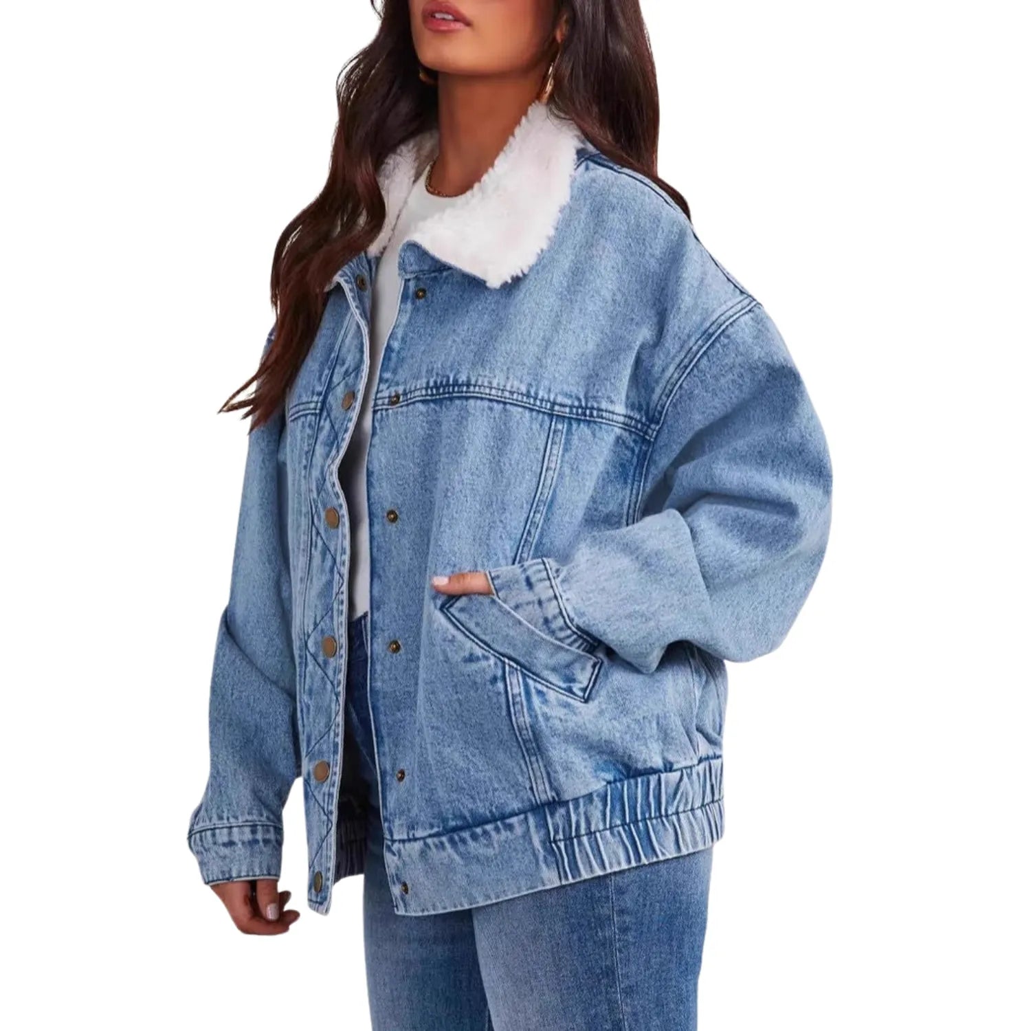 Women's Denim Jacket with a detachable collar, showcasing its oversized fit and cozy style.