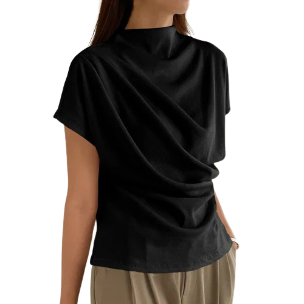 Model wearing Baltere's Draping Short Sleeve Pullover Top black, showcasing the elegant cowl neckline and relaxed fit.