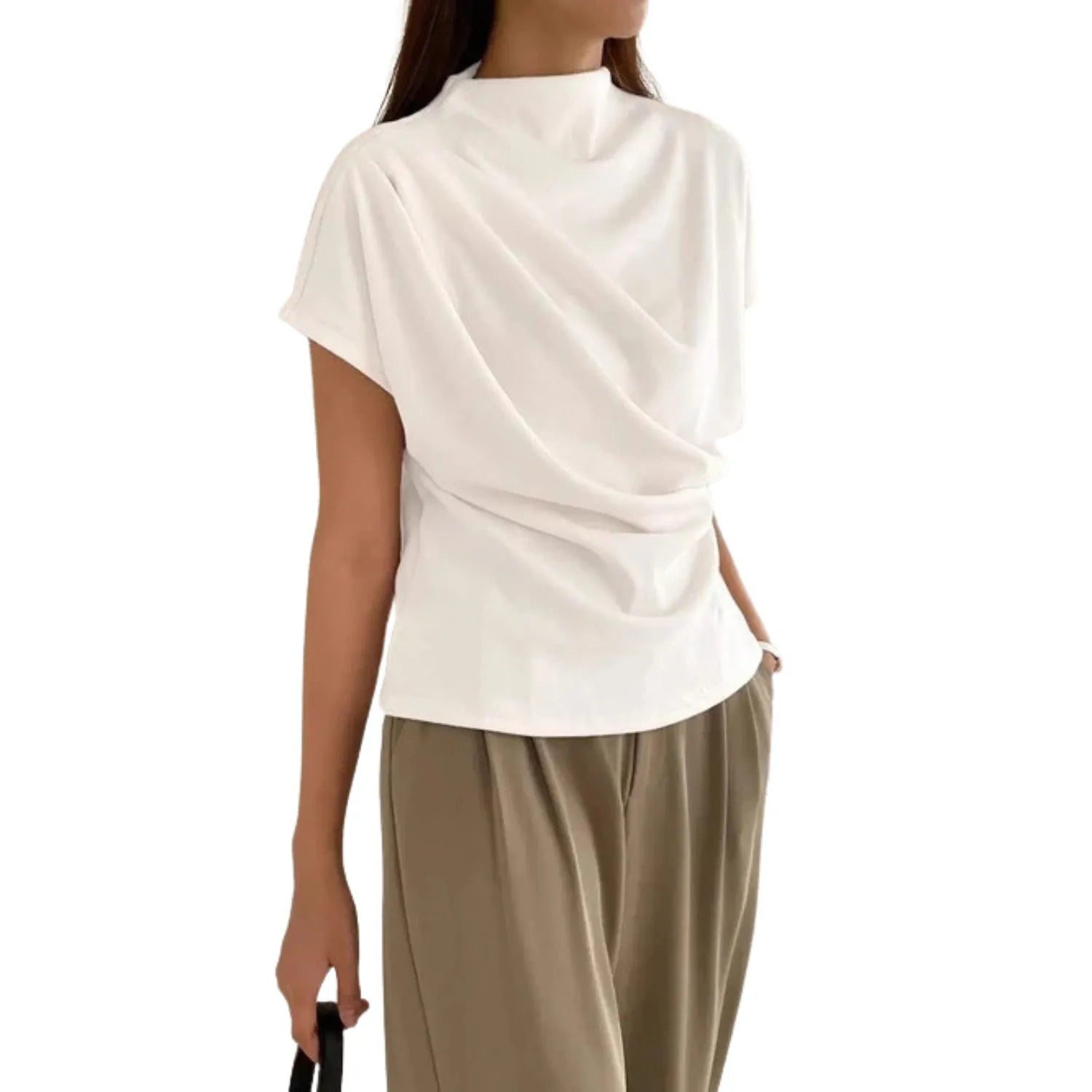 Model wearing Baltere's Draping Short Sleeve Pullover Top white, relaxed fit.